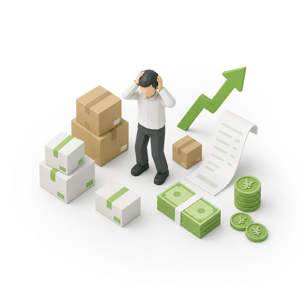 物流費の増加に頭を抱える担当者と積み上がった荷物・費用のイラスト