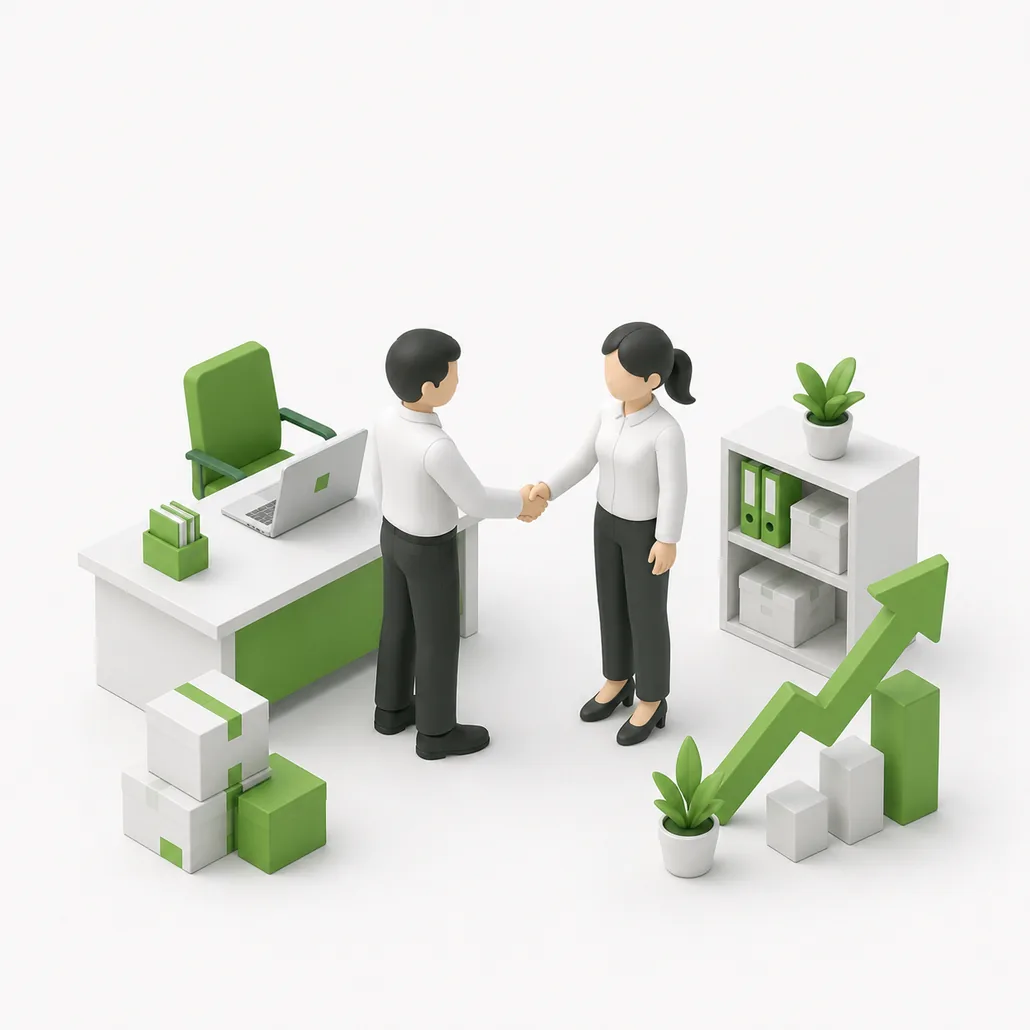 オフィスで握手を交わす社員と成長を示すグラフのイラスト